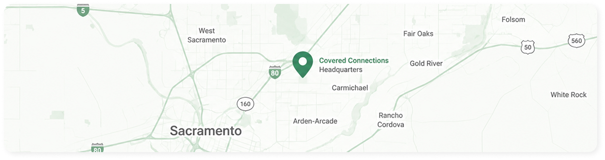 Map showing Covered Connections headquarters near Sacramento, California